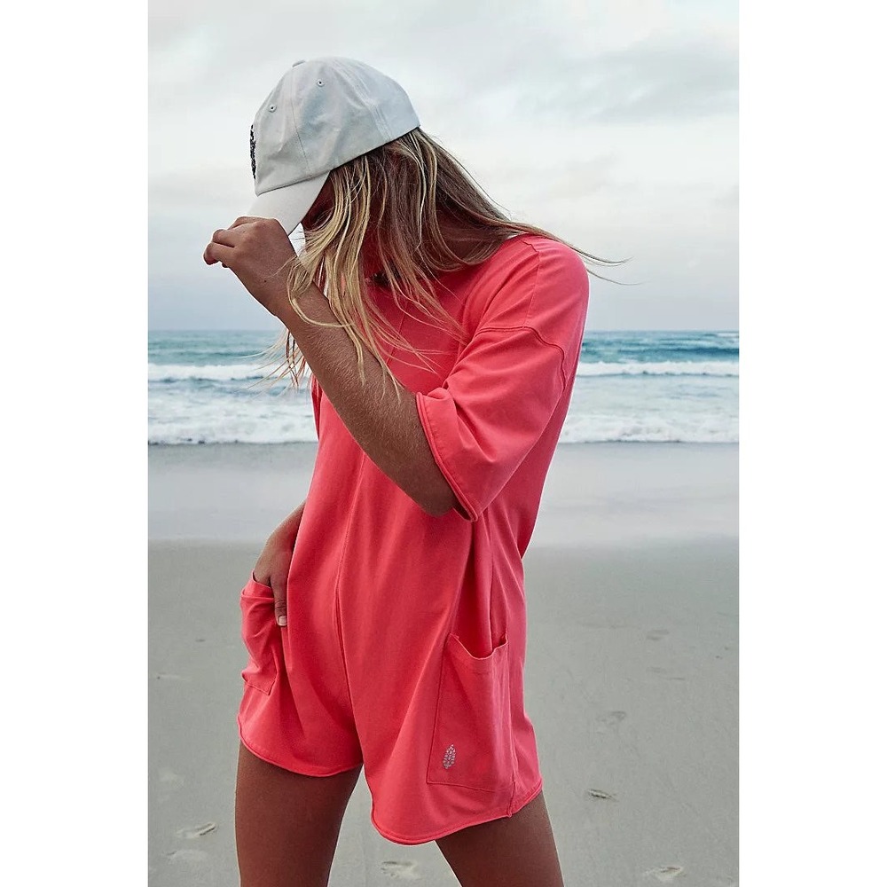 Free People Movement Hot Shot Reversible Romper Neon Pink Large Pockets - Picture 1 of 4
